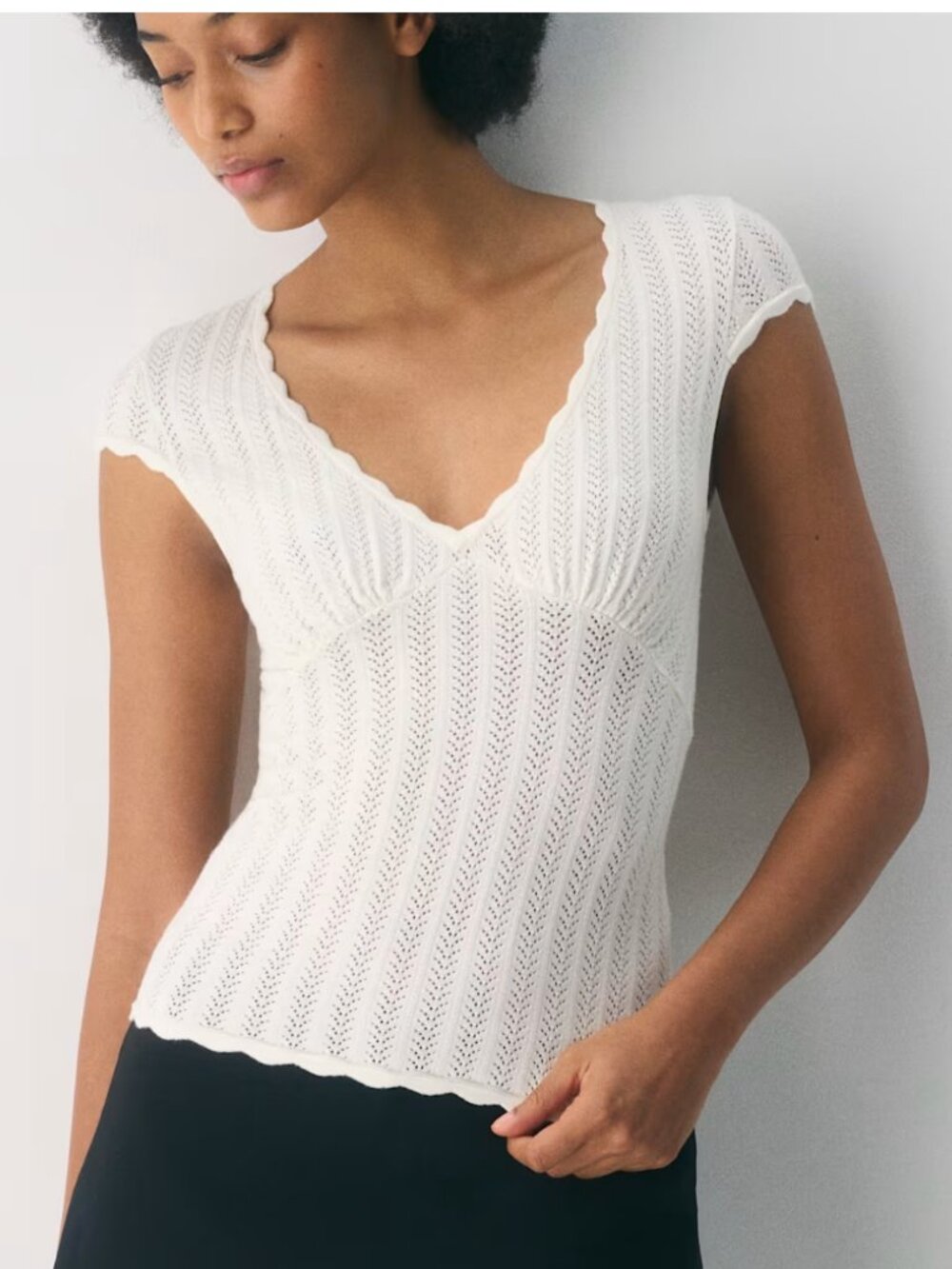 Aritzia Synopsis Top - Wonder Yarn - L, Pointelle V-neck top with scalloped trim